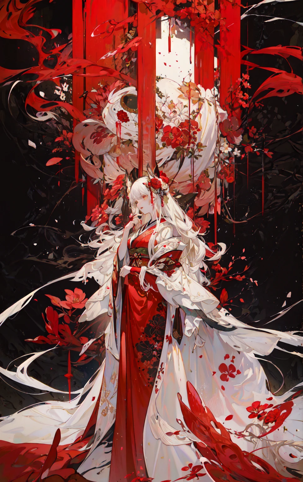 digital painting, anime-style, a beautiful young woman with long flowing white hair adorned with red flowers, wearing a traditional red and white kimono with intricate floral patterns, standing gracefully against a dramatic and ornate background filled with red and white floral motifs, vibrant and contrasting color scheme with dominant reds, detailed and elaborate designs, soft and ethereal lighting, serene and poised expression, high contrast, intricate details, elegant and captivating atmosphere, highly detailed, perfect lighting, vibrant colors, (masterpiece: 2), best quality, ultra highres, original, extremely detailed, perfect lighting