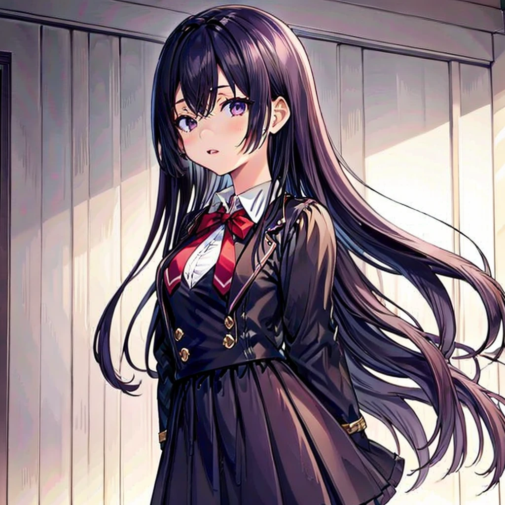 core_9, score_8_up, score_7_up, score_6_up, score_5_up, score_4_up, yuki suou, black hair, long hair, purple eyes, 1girl, solo, looking at viewer, , bow, long sleeves, jacket, skirt, red bow, bowtie, red bowtie, indoors, shirt, parted lips