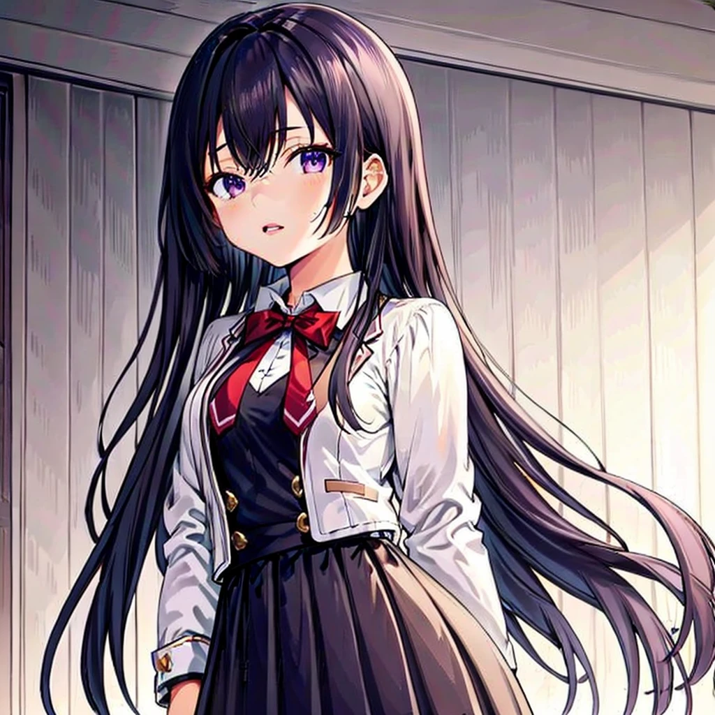 core_9, score_8_up, score_7_up, score_6_up, score_5_up, score_4_up, yuki suou, black hair, long hair, purple eyes, 1girl, solo, looking at viewer, , bow, long sleeves, jacket, skirt, red bow, bowtie, red bowtie, indoors, shirt, parted lips