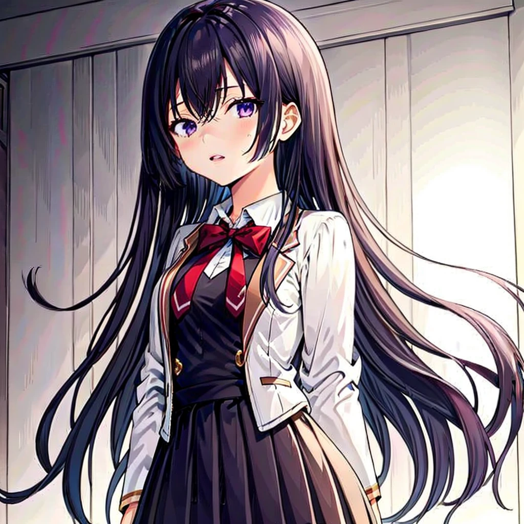 core_9, score_8_up, score_7_up, score_6_up, score_5_up, score_4_up, yuki suou, black hair, long hair, purple eyes, 1girl, solo, looking at viewer, , bow, long sleeves, jacket, skirt, red bow, bowtie, red bowtie, indoors, shirt, parted lips