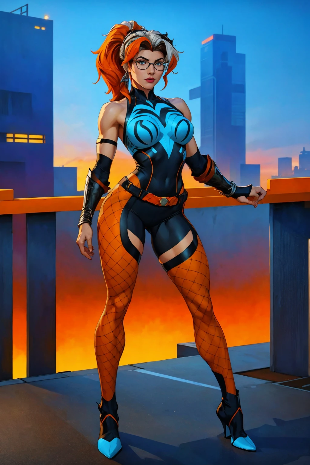 ((Full body photo, standing, feet on the floor)) (best quality,4k,8k,highres,fishnet pantyhose
, masterpiece:1.2),ultra-detailed,(realistic,photorealistic,photo-realistic:1.37),full body shot,Rogue,X-Men,yellow thigh high boots,beauty pose, standing tall, show feet, outside,fishnet pantyhose, city rooftop at night, green headband, with Ponytail, Light Blue Eyes, Round Glasses with a Slightly Dark Lens with this Lens being Orange, and the Light Blue Color frame, ((Black Metallic Gauntlets and Greaves with Orange and Silver Highlights)), (((The Clothes Have a Mix of Modern and Tribal))), (((The Clothes Have a Mix of Modern and Tribal))), having mostly the color black, but having parts in orange, shoulders exposed, at the hip a shorts that extend to half of the thigh of black color.