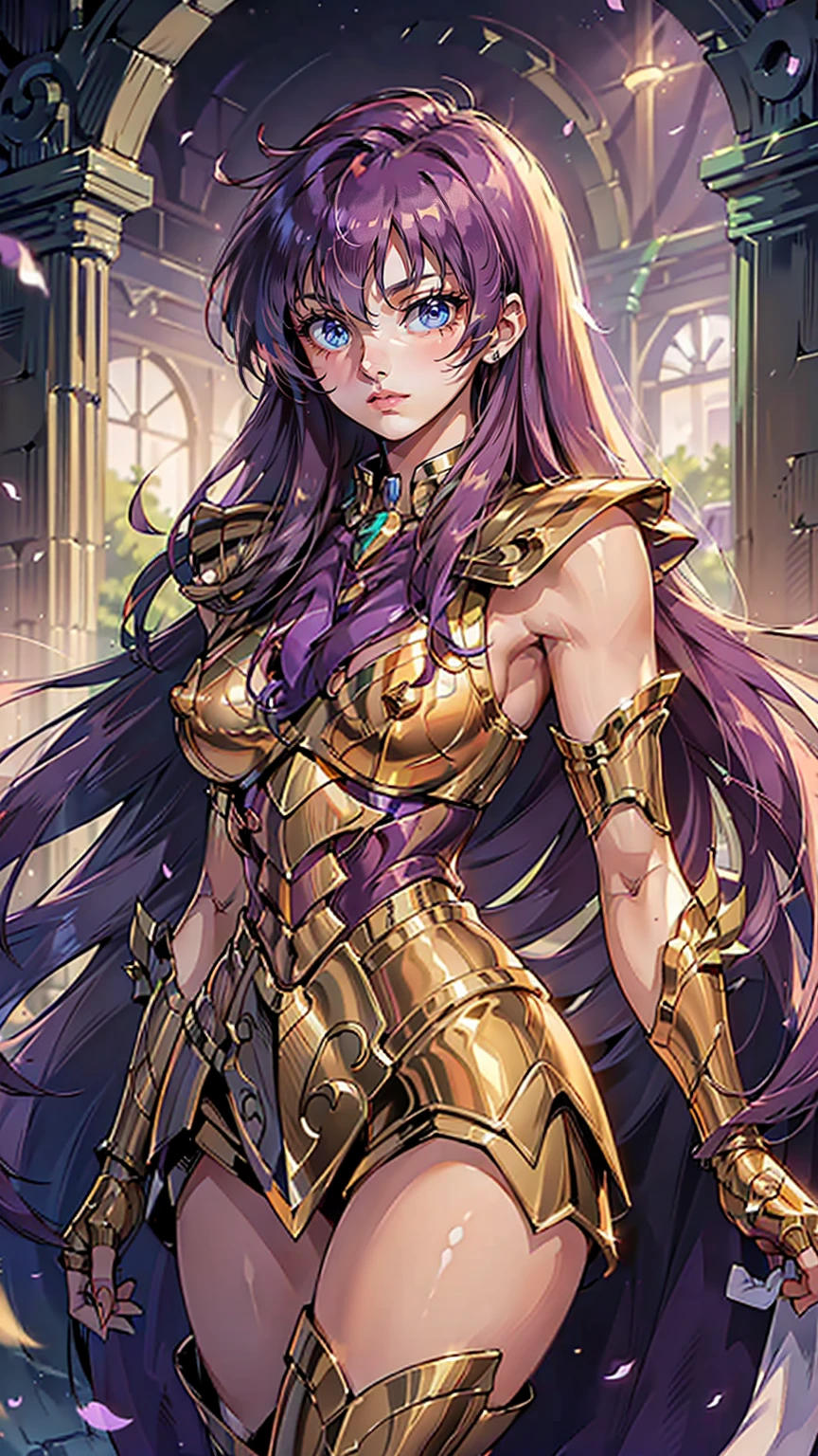 ((Best quality, detailed background,depth of field, volumetric lighting, sharp focus, Absurd, ultra-detailed), 1 sexy girl ((beautiful, medium-big breasts ,28 years old,  purple long hair, lush, soft, curvaceous body)), wearing gold armadure saint seya