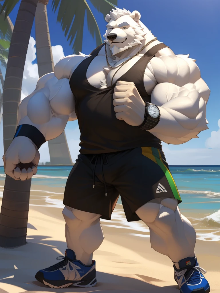 huge muscular polar bear in L.A. beach, big smirk, polar bear, huge white fur, thick arm, huge arm, bearded. white hair and beard, bearded, (muscular, pectoral, wide pectoral, thick arms), beach, palm, realistic, 8k, masterpiece, (wearing black shorts, wristband, watch and white tank top, sports shoes)