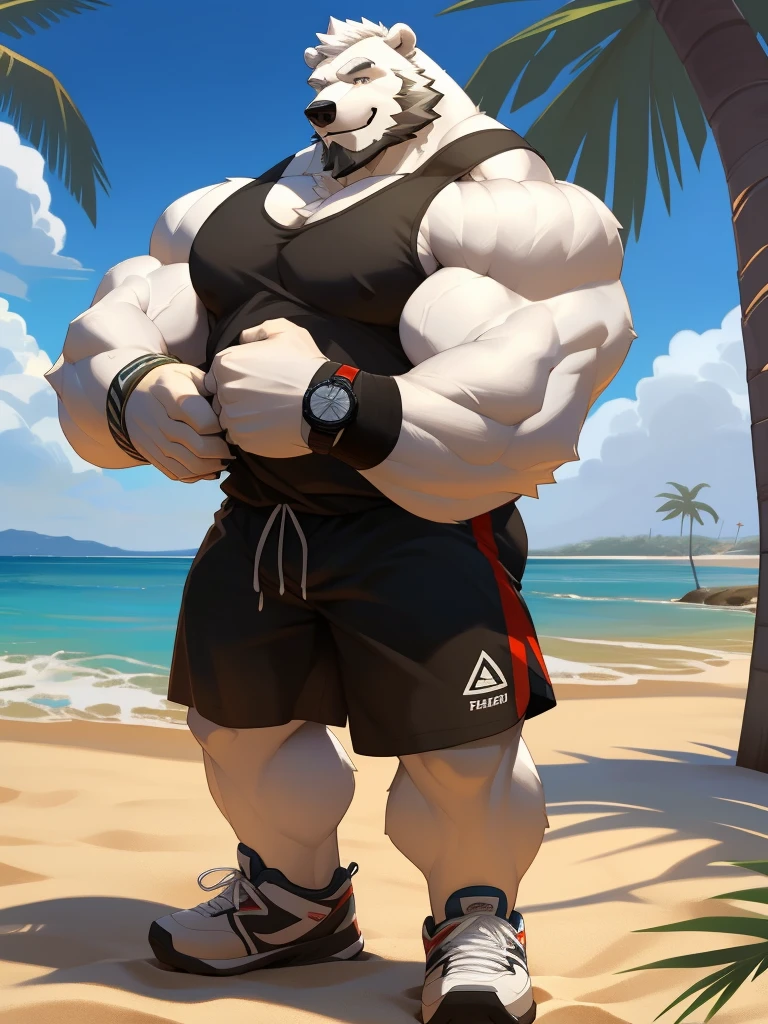 huge muscular polar bear in L.A. beach, big smirk, polar bear, huge white fur, thick arm, huge arm, bearded. white hair and beard, bearded, (muscular, pectoral, wide pectoral, thick arms), beach, palm, realistic, 8k, masterpiece, (wearing black shorts, wristband, watch and white tank top, sports shoes)