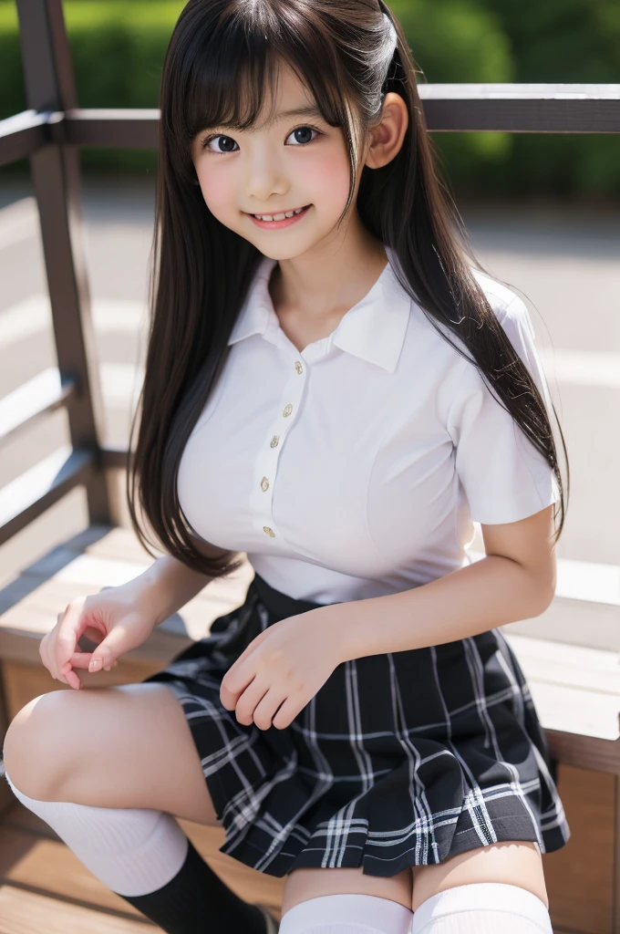 masterpiece, Highest quality, 8K, Young beautiful girl, Baby Face、Clothed Big Tits、((((((10 years old)))))),((Large Breasts:1.3)), photo shoot, Cute face,  Embarrassing、smile、 makeup, Ten generations, Detailed face, Long Hair、Black Hair、Narrow waist,((school uniform、White shirt、Checkered mini skirt))、Black knee-high socks,