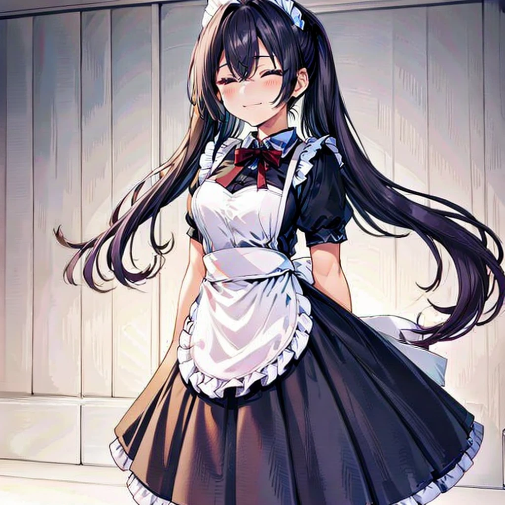 score_9, score_8_up, score_7_up, score_6_up, score_5_up, score_4_up, yuki suou, black hair, long hair, purple eyes, 1girl, solo, thighhighs, closed eyes, apron, maid headdress, tray, skirt, side ponytail, smile, bow, maid, frills, frilled thighhighs