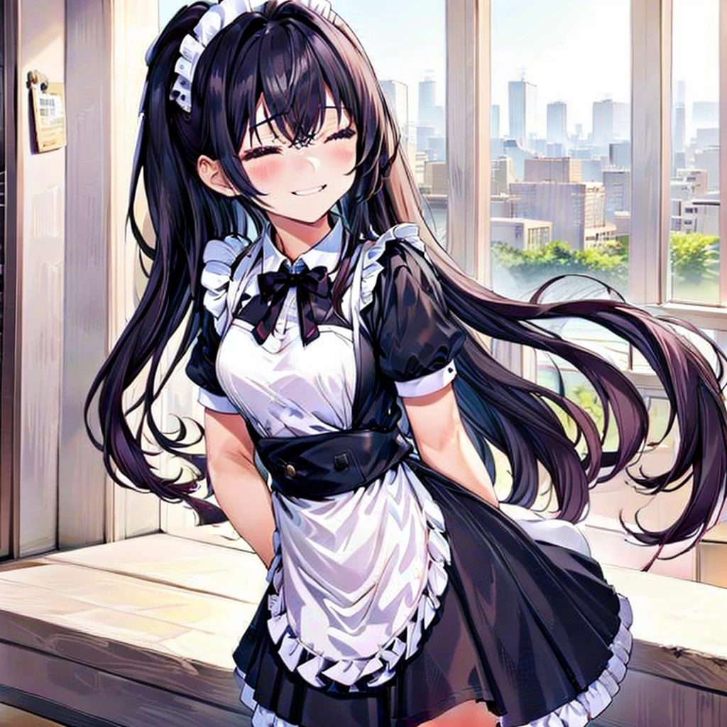 score_9, score_8_up, score_7_up, score_6_up, score_5_up, score_4_up, yuki suou, black hair, long hair, purple eyes, 1girl, solo, thighhighs, closed eyes, apron, maid headdress, tray, skirt, side ponytail, smile, bow, maid, frills, frilled thighhighs