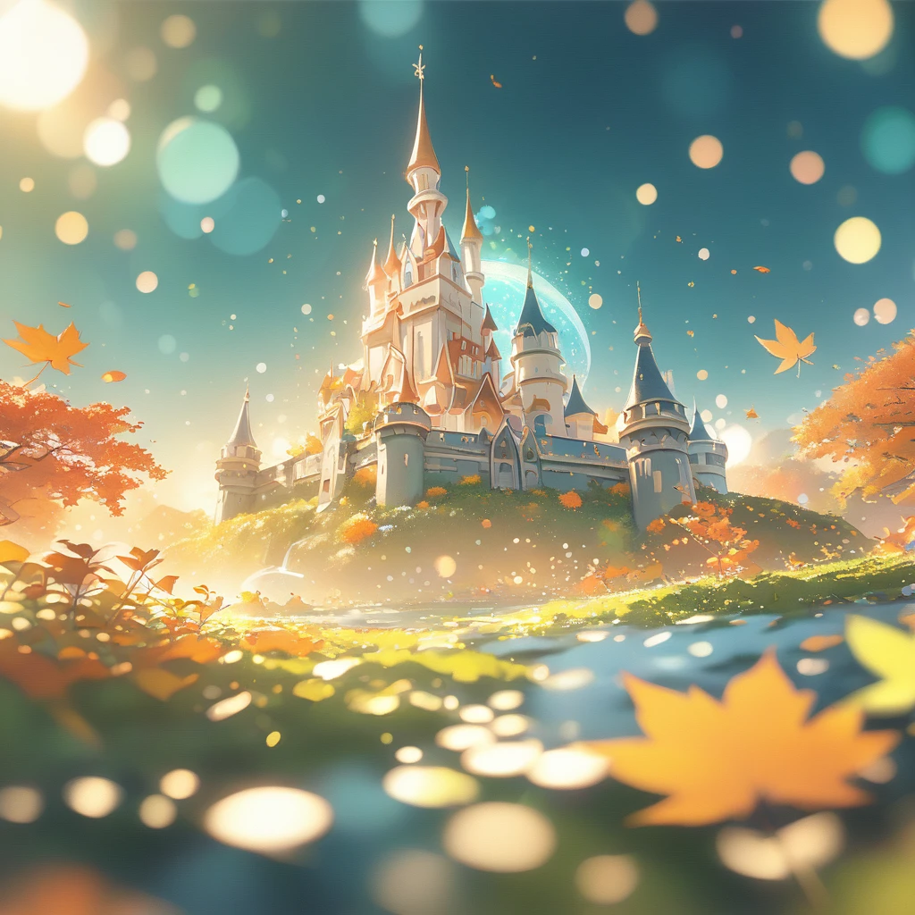 (masterpiece, Highest quality:1.2), Close-up of a cartoon castle on a green background, Cute numbers艺术, Beautiful and detailed digital art, 4K high resolution illustration wallpaper, Cute numbers, Blurred dream picture, 4K HD wallpaper illustration, Cute 3D rendering, Beautiful artistic illustration, 2D illustration, 2D illustration, Blurry dreamy illustration, Spectacular concept art. Bokeh .Ultra Wide Angle（（Highest quality））， （（Intricate details））， （（Surrealism））（8k）.autumn、autumn leaves
