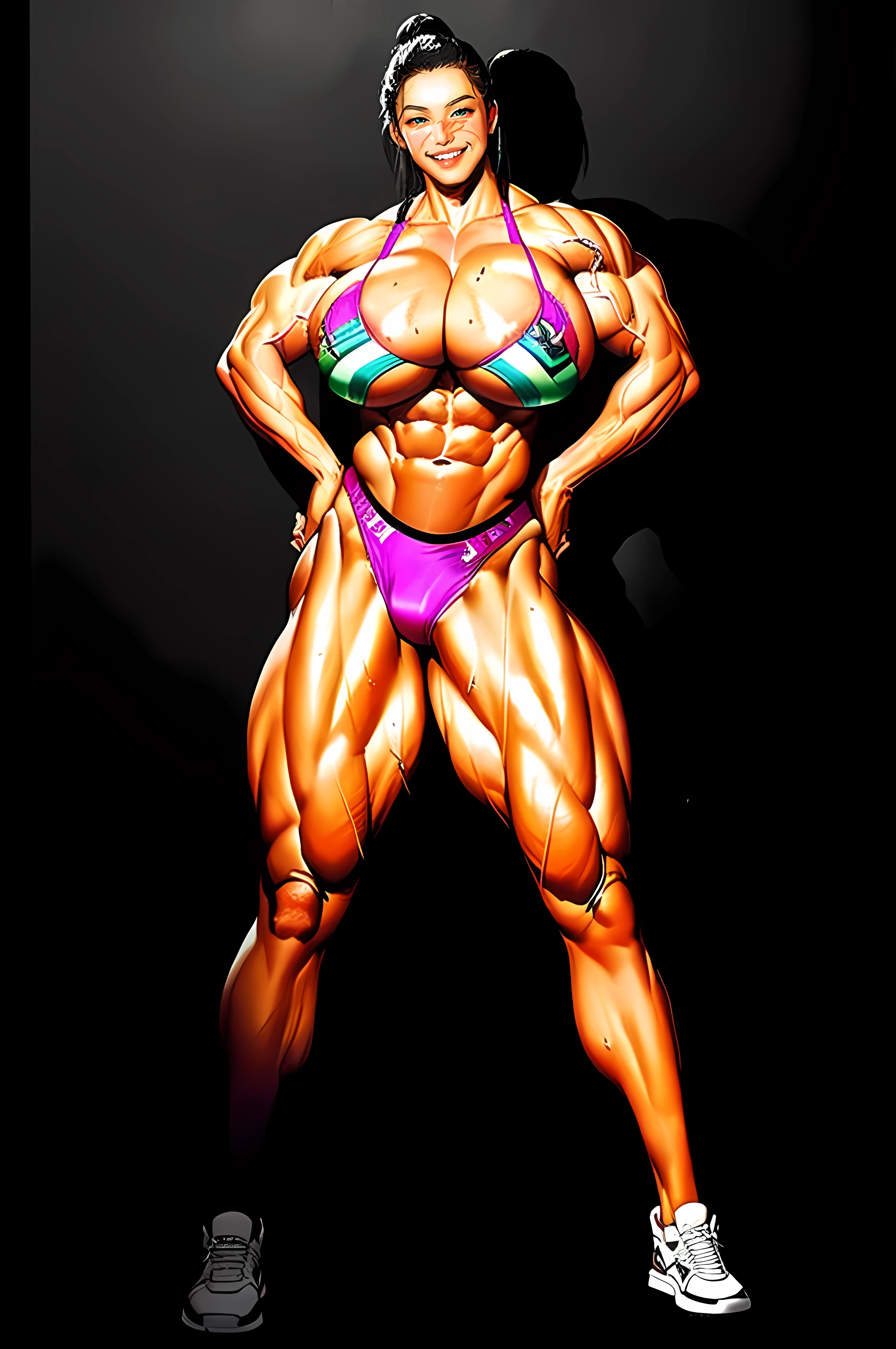 Masterpiece, high contrast, high contrast, Black Background, solo woman, (Full Body), (Naked), sweating, (Long Legs), thick thighs, wide hips, narrow waist, (Massive Female Bodybuilder:1.7), (Huge Breasts:1.8),