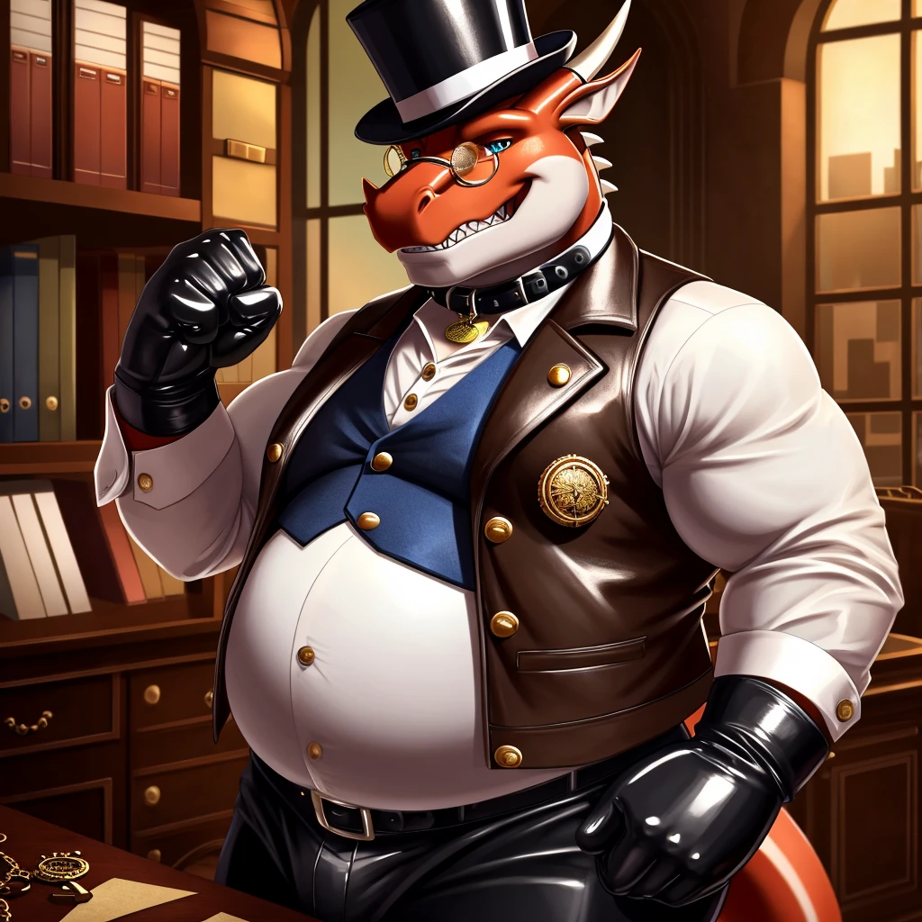 Solo, Male, fat, extremely obese, gentleman, dapper Professor Dragon, blue eyes, (posing:1.3), (soft shading), 4k, hi res, ((detailed face, detailed)), looking at viewer, mouth wide open, steampunk, dapper clothing, collared shirt with buttons, top hat, male focus, Explorer Outfit, glasses, monocle, vest with buttons, sleeves rolled up, round eyewear, brown headwear, brown vest, pocket watch, office, Dragon is wearing a glossy leather dog collar around the neck, Dragon is wearing the leather collar and shirt and vest at the same time, Dragon is wearing glossy white rubber gloves on the hands, wearing white rubber gloves on the feet, gloves are rubber in texture, clenching teeth, clenching fists, leather collar is glossy and shiny with a lot of detail, Dragon is wearing gloves and leather collar at the same time, leather collar has a round dog-tag, leather collar is thick and detailed, leather collar is glossy and shiny, fancy clothing, dapper vest, dapper shirt, leather collar is thick, glossy leather collar.