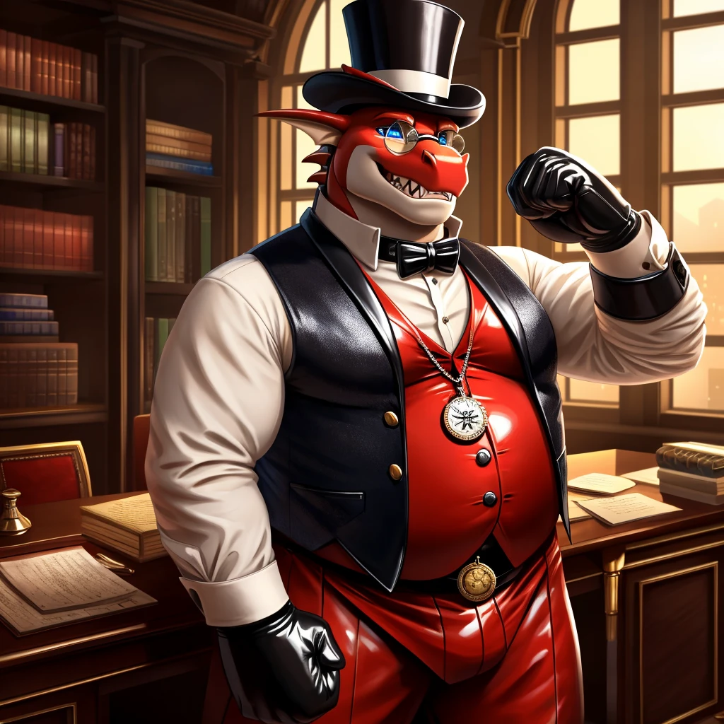 Solo, Male, fat, extremely obese, gentleman, dapper Professor Dragon, blue eyes, (posing:1.3), (soft shading), 4k, hi res, ((detailed face, detailed)), looking at viewer, mouth wide open, steampunk, dapper clothing, collared shirt with buttons, top hat, male focus, Explorer Outfit, glasses, monocle, vest with buttons, sleeves rolled up, round eyewear, brown headwear, brown vest, pocket watch, office, Dragon is wearing a glossy leather dog collar around the neck, Dragon is wearing the leather collar and shirt and vest at the same time, Dragon is wearing glossy white rubber gloves on the hands, wearing white rubber gloves on the feet, gloves are rubber in texture, clenching teeth, clenching fists, leather collar is glossy and shiny with a lot of detail, Dragon is wearing gloves and leather collar at the same time, leather collar has a round dog-tag, leather collar is thick and detailed, leather collar is glossy and shiny, fancy clothing, dapper vest, dapper shirt, leather collar is thick, glossy leather collar.