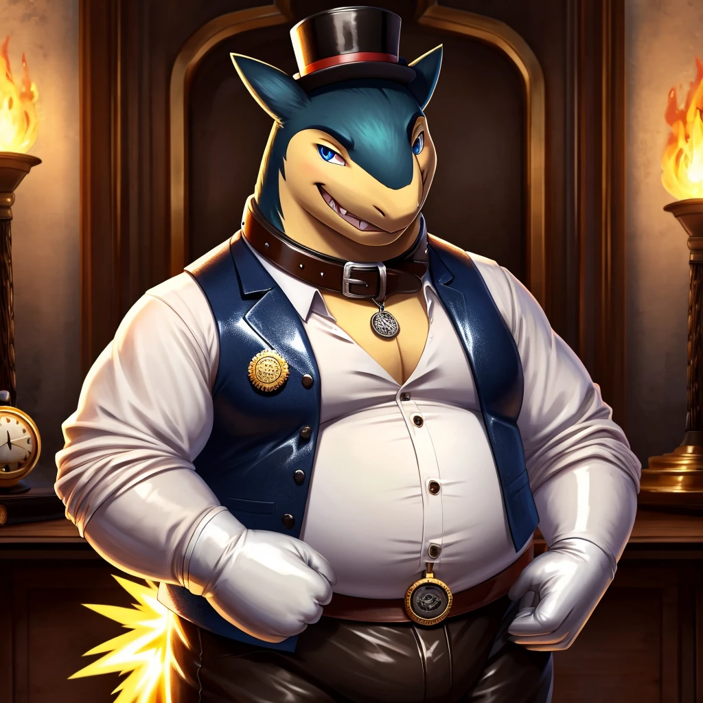 Solo, Male, fat, extremely obese, gentleman, dapper Professor Typhlosion, blue eyes, (posing:1.3), (soft shading), 4k, hi res, ((detailed face, detailed)), looking at viewer, mouth wide open, steampunk, dapper clothing, collared shirt with buttons, top hat, male focus, Explorer Outfit, glasses, monocle, vest with buttons, sleeves rolled up, round eyewear, brown headwear, brown vest, pocket watch, office, Typhlosion is wearing a glossy leather dog collar around the neck, Typhlosion is wearing the leather collar and shirt and vest at the same time, Typhlosion is wearing glossy white rubber gloves on the hands, wearing white rubber gloves on the feet, gloves are rubber in texture, clenching teeth, clenching fists, leather collar is glossy and shiny with a lot of detail, Typhlosion is wearing gloves and leather collar at the same time, leather collar has a round dog-tag, leather collar is thick and detailed, leather collar is glossy and shiny, fancy clothing, dapper vest, dapper shirt, leather collar is thick, glossy leather collar.