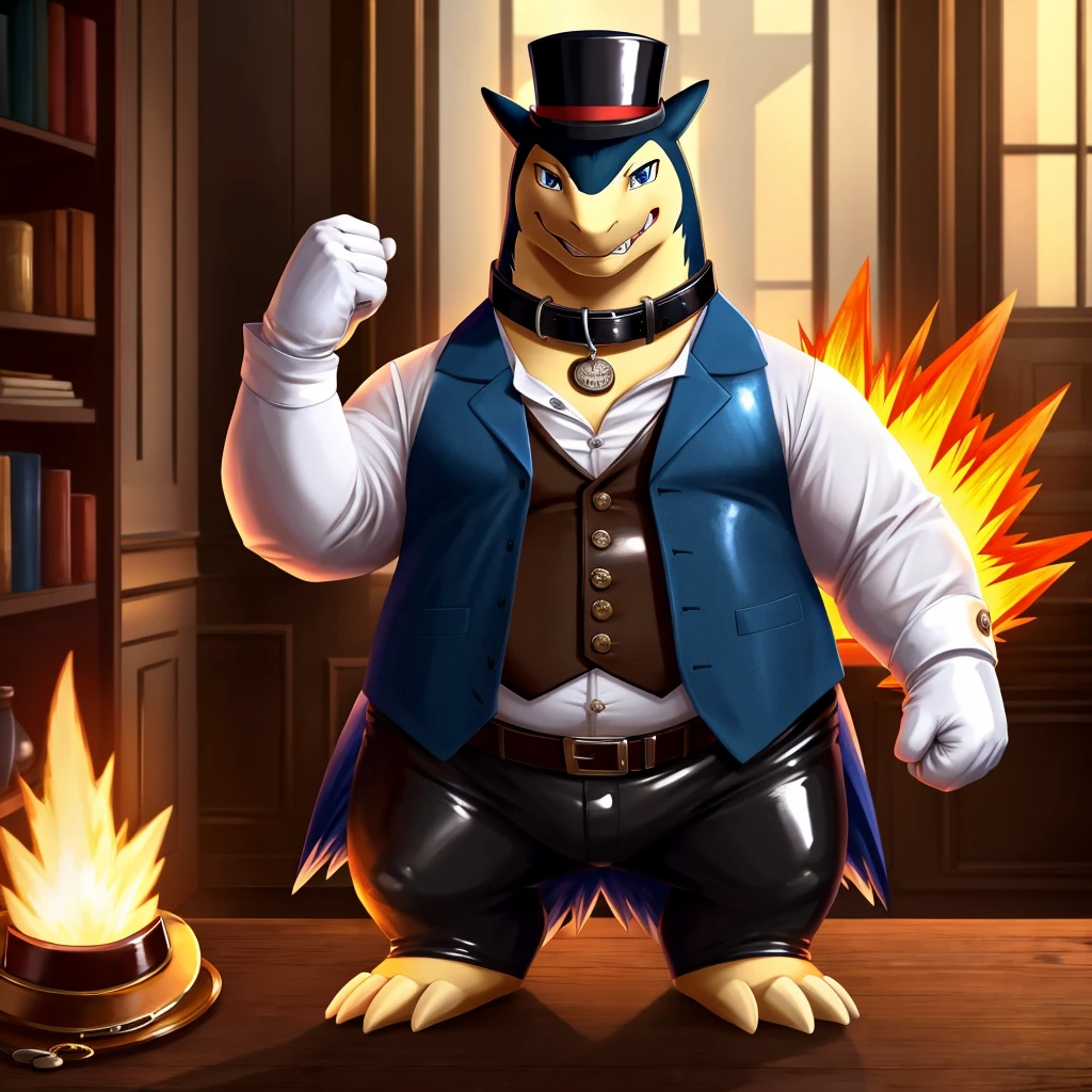 Solo, Male, fat, extremely obese, gentleman, dapper Professor Typhlosion, blue eyes, (posing:1.3), (soft shading), 4k, hi res, ((detailed face, detailed)), looking at viewer, mouth wide open, steampunk, dapper clothing, collared shirt with buttons, top hat, male focus, Explorer Outfit, glasses, monocle, vest with buttons, sleeves rolled up, round eyewear, brown headwear, brown vest, pocket watch, office, Typhlosion is wearing a glossy leather dog collar around the neck, Typhlosion is wearing the leather collar and shirt and vest at the same time, Typhlosion is wearing glossy white rubber gloves on the hands, wearing white rubber gloves on the feet, gloves are rubber in texture, clenching teeth, clenching fists, leather collar is glossy and shiny with a lot of detail, Typhlosion is wearing gloves and leather collar at the same time, leather collar has a round dog-tag, leather collar is thick and detailed, leather collar is glossy and shiny, fancy clothing, dapper vest, dapper shirt, leather collar is thick, glossy leather collar.