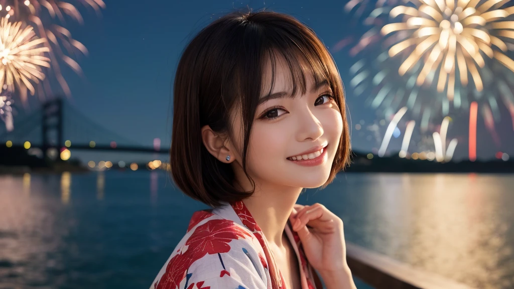 kawaii face, (1girl), (happy smile:1.2), (yukata), (Best Quality:1.4), Realistic, extremely detailed CG unified 8k wallpaper, highly detailed, High-definition raw color photos, professional photography, Realistic portrait, Beautiful detailed, Close up portrait of girl, Outdoors, Beautiful scenery, beach, (The night sky, fireworks, beautiful fireworks spreading across the sky:1.4), so beautiful, upper body photos, amazingly beautiful sight, A wonderful, (Fine face:1.2),
