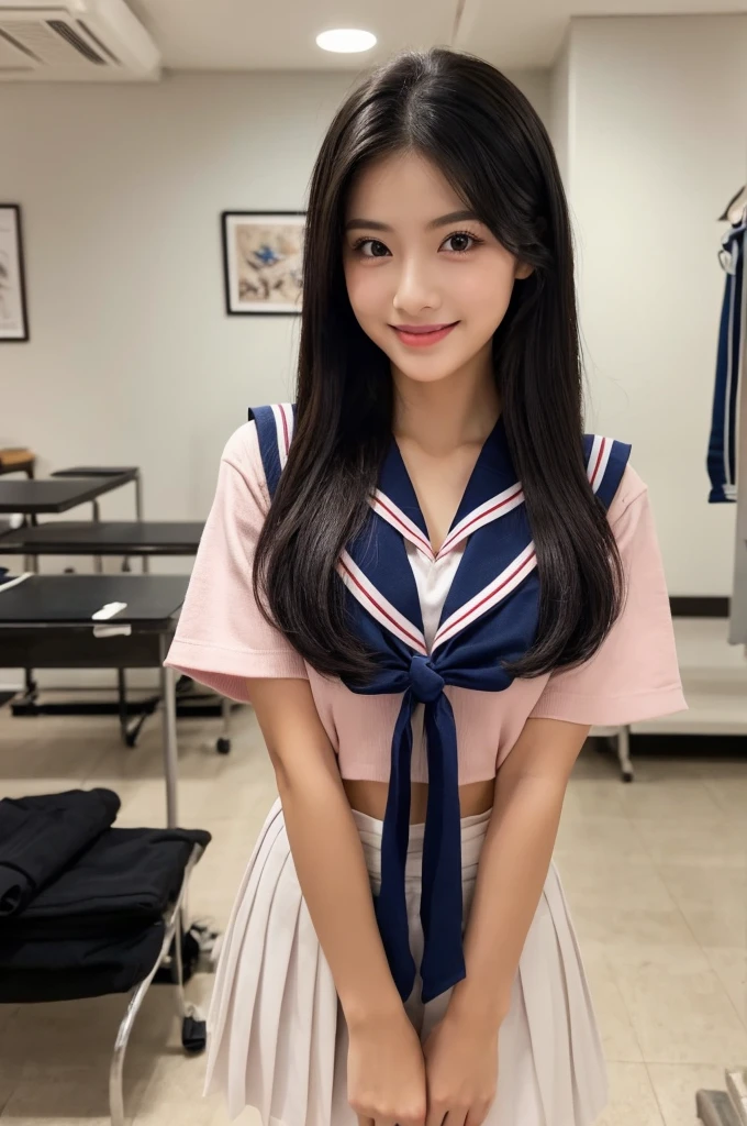 White Sailor Suit、Navy blue pleated skirt、Drama club room, high school senior, drama club president, ((full body)), ((photo)), ((best qualtiy, 8k, tmasterpiece:1.3)), Focus:1.2, perfect figure beautiful girl:1.4, 1girl, cowboy shot, look at viewer, eyes facing the camera, incredibly absurd, beautiful and cute girl with a photorealistic face, showcasing top-quality craftsmanship, A Japanese girl preparing for club activities in the drama club room, 15 years old, long, straight, silky black hair, fair skin, big eyes, thin eyebrows, double eyelids, long eyelashes, pink lips, smile, devilish smile, gorgeous features, well-defined facial features, beautiful face line, mysterious beauty, Slender, tall, well-balanced proportions, large E-cup breasts, navy blue sailor uniform, favorite silver accessories, well-groomed nails, pretty girl, beauty, devilish type, pretty older sister, passionate about art, sociable, friendly, positive, has leadership skills, is proactive, is flexible, gets things done efficiently, works hard towards dreams and goals, May