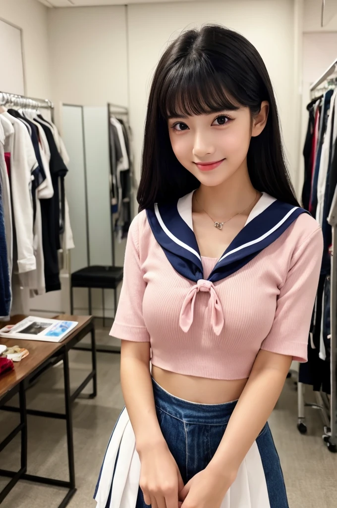 White Sailor Suit、Navy blue pleated skirt、Drama club room, high school senior, drama club president, ((full body)), ((photo)), ((best qualtiy, 8k, tmasterpiece:1.3)), Focus:1.2, perfect figure beautiful girl:1.4, 1girl, cowboy shot, look at viewer, eyes facing the camera, incredibly absurd, beautiful and cute girl with a photorealistic face, showcasing top-quality craftsmanship, A Japanese girl preparing for club activities in the drama club room, 15 years old, long, straight, silky black hair, fair skin, big eyes, thin eyebrows, double eyelids, long eyelashes, pink lips, smile, devilish smile, gorgeous features, well-defined facial features, beautiful face line, mysterious beauty, Slender, tall, well-balanced proportions, large E-cup breasts, navy blue sailor uniform, favorite silver accessories, well-groomed nails, pretty girl, beauty, devilish type, pretty older sister, passionate about art, sociable, friendly, positive, has leadership skills, is proactive, is flexible, gets things done efficiently, works hard towards dreams and goals, May