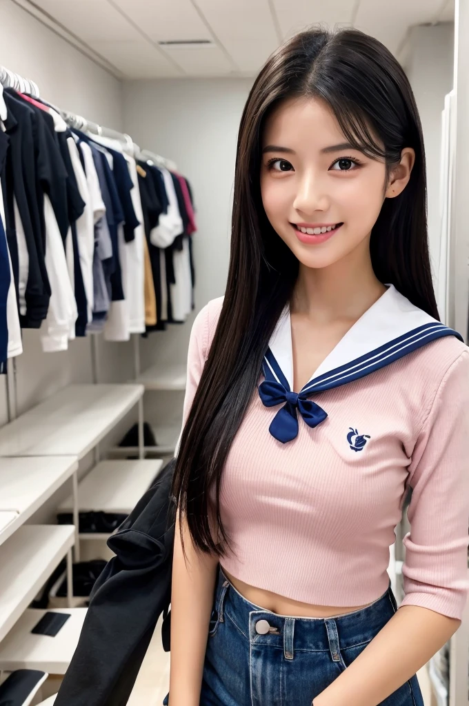 White Sailor Suit、Navy blue pleated skirt、Drama club room, high school senior, drama club president, ((full body)), ((photo)), ((best qualtiy, 8k, tmasterpiece:1.3)), Focus:1.2, perfect figure beautiful girl:1.4, 1girl, cowboy shot, look at viewer, eyes facing the camera, incredibly absurd, beautiful and cute girl with a photorealistic face, showcasing top-quality craftsmanship, A Japanese girl preparing for club activities in the drama club room, 15 years old, long, straight, silky black hair, fair skin, big eyes, thin eyebrows, double eyelids, long eyelashes, pink lips, smile, devilish smile, gorgeous features, well-defined facial features, beautiful face line, mysterious beauty, Slender, tall, well-balanced proportions, large E-cup breasts, navy blue sailor uniform, favorite silver accessories, well-groomed nails, pretty girl, beauty, devilish type, pretty older sister, passionate about art, sociable, friendly, positive, has leadership skills, is proactive, is flexible, gets things done efficiently, works hard towards dreams and goals, May