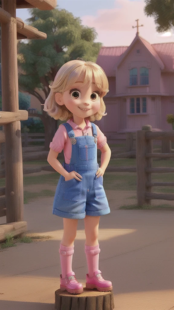 Araffe standing on a wooden platform in a pink dress and blue shoes, Wearing overalls, Four years old, 4 anos, cute , , Wearing overalls sujo,  looking, looking very silly, photo of the girl, super cute and friendly, looking cute, she has a cute expressive face, smiling lightly, disney, pixar, blonde hair