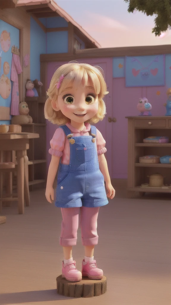 Araffe standing on a wooden platform in a pink dress and blue shoes, Wearing overalls, Four years old, 4 anos, cute , , Wearing overalls sujo, looking, looking very silly, photo of the girl, super cute and friendly, looking cute, she has a cute expressive face, smiling lightly, disney, pixar, blonde hair