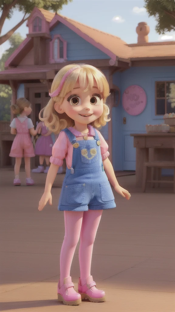 Araffe standing on a wooden platform in a pink dress and blue shoes, Wearing overalls, Four years old, 4 anos, cute , 2 years old, Wearing overalls sujo, looking, looking very silly, photo of the girl, super cute and friendly, looking cute, she has a cute expressive face, smiling lightly, disney, pixar, blonde hair