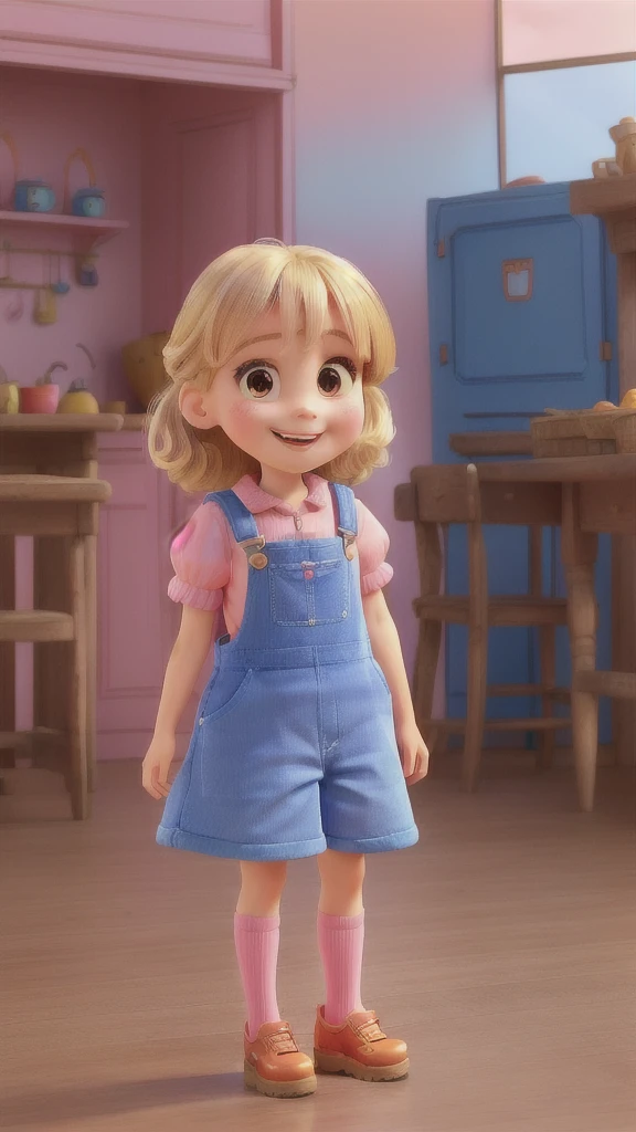 Araffe standing on a wooden platform in a pink dress and blue shoes, Wearing overalls, Four years old, 4 anos, cute , 2 years old, Wearing overalls sujo,  looking, looking very silly, photo of the girl, super cute and friendly, looking cute, she has a cute expressive face, smiling lightly, disney, pixar, blonde hair