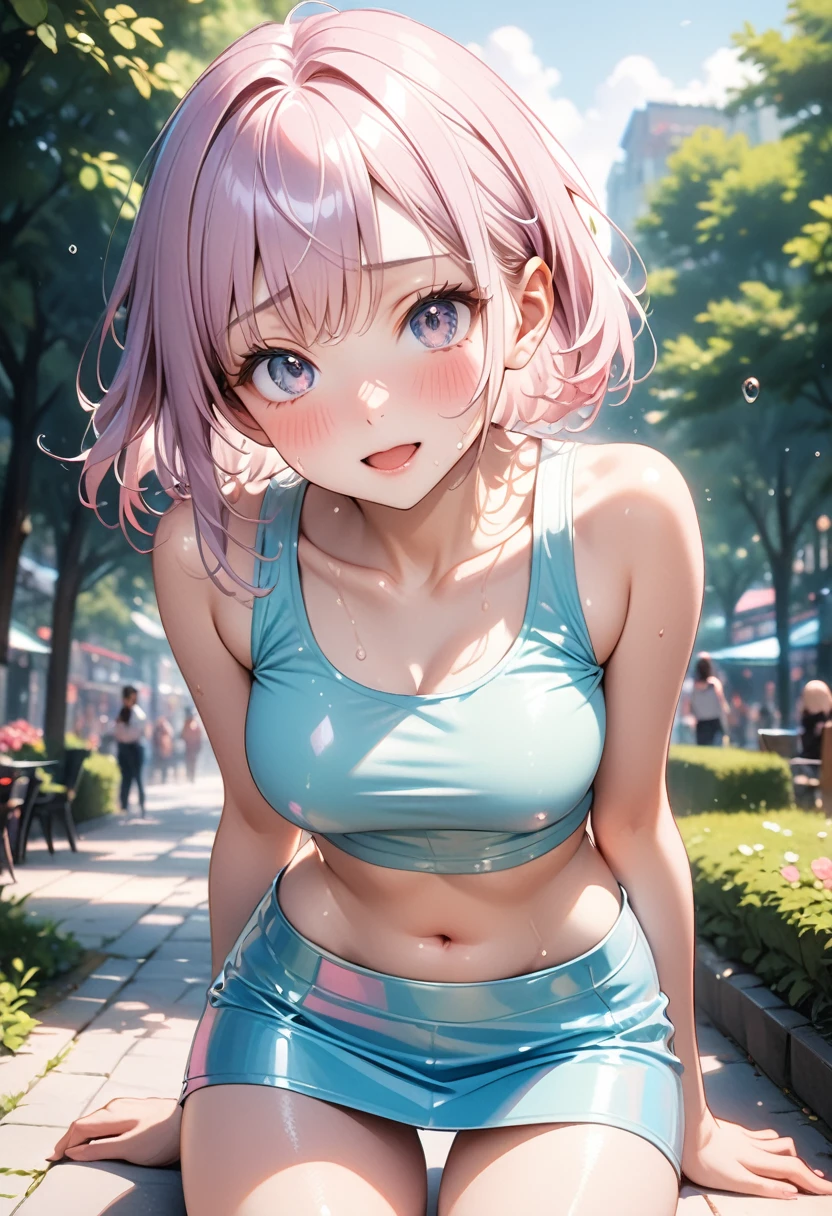 ((Pastel_colors_latex Tank top, skirt)), skindentation, skinny, solo, 1 woman, Masterpiece, highest quality, highest quality, 16K, incredibly absurd, highly detailed, 2.5D, ai-generated, delicate and dynamic, very delicate facial expressions, delicate eye depiction, only sexy woman, ((A cute and kind face)), healthy figure, 25-year-old woman, 160cm tall, medium firm swaying bust, blush, Sweat,Embarrassed,sexy, ((thin thighs)), ((shiny and lustrous)), facing straight at viewer, (Erect nipples:0.7), (visible nipples:0.5), ((Oily_skin)), dutch angle, ((erotic pose)), Dynamic poses, A city park in midsummer