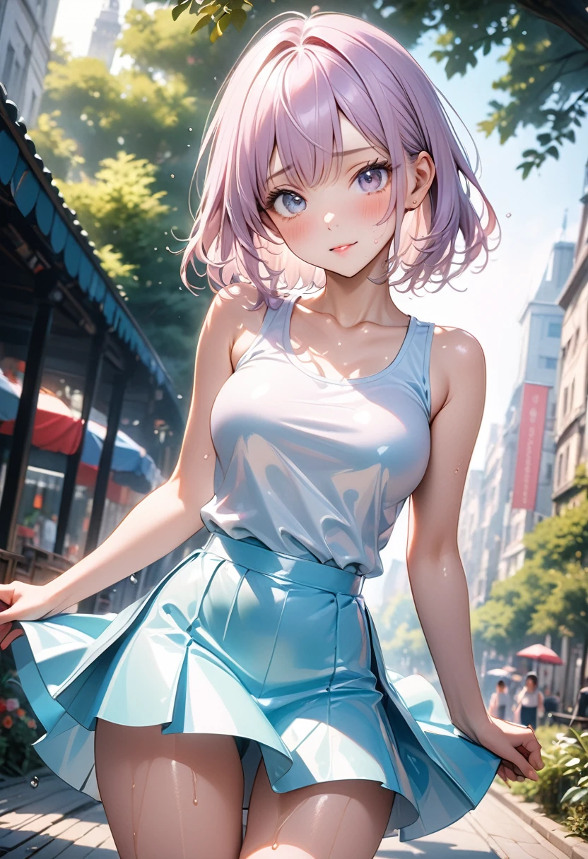 ((Pastel_colors_latex Tank top, skirt)), skindentation, skinny, solo, 1 woman, Masterpiece, highest quality, highest quality, 16K, incredibly absurd, highly detailed, 2.5D, ai-generated, delicate and dynamic, very delicate facial expressions, delicate eye depiction, only sexy woman, ((A cute and kind face)), healthy figure, 25-year-old woman, 160cm tall, medium firm swaying bust, blush, Sweat,Embarrassed,sexy, ((thin thighs)), ((shiny and lustrous)), facing straight at viewer, (Erect nipples:0.7), (visible nipples:0.5), ((Oily_skin)), dutch angle, ((erotic pose)), Dynamic poses, A city park in midsummer