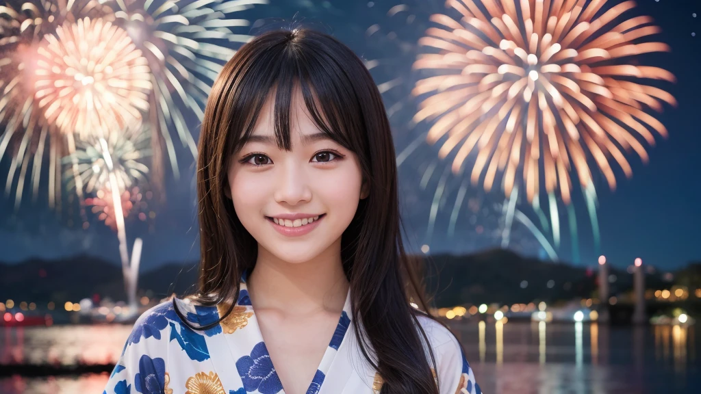 kawaii face, (1girl), (happy smile:1.2), (yukata), (Best Quality:1.4), Realistic, extremely detailed CG unified 8k wallpaper, highly detailed, High-definition raw color photos, professional photography, Realistic portrait, Beautiful detailed, Close up portrait of girl, Outdoors, Beautiful scenery, beach, (The night sky, fireworks, beautiful fireworks spreading across the sky:1.4), so beautiful, upper body photos, amazingly beautiful sight, A wonderful, (Fine face:1.2),