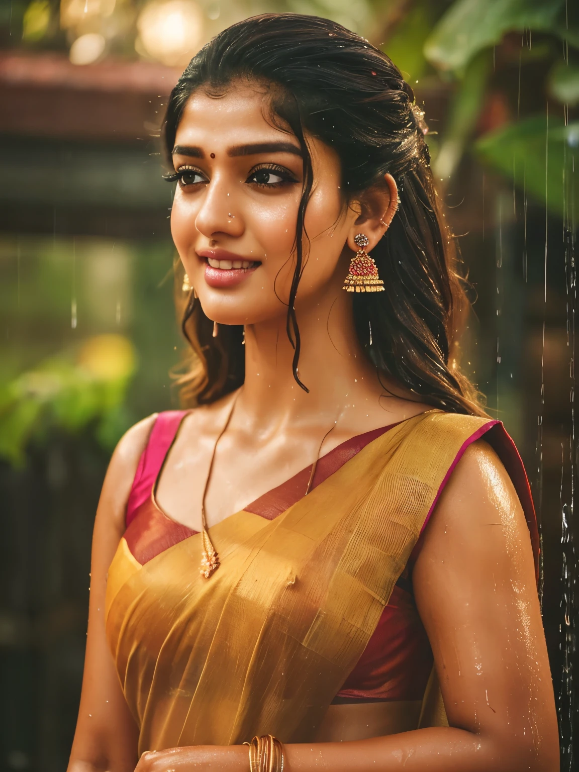 20 years old extremely beautiful brown Tamil girl (transparent saree sleeveless blouse petticoat), standing facing the camera, enjoying herself in the rain, drenched in rain, looking at viewer, eyes symmetry, (best quality, ultra-detailed:1.6), colorful scene, bright color palette, playful atmosphere, vibrant expressions, transparent saree with intricate patterns, flying saree fabric, raindrop reflections, wet hair, wet clothes, wet body, body reflecting light, back lit, refreshing ambiance, splashing water, raindrops falling around her, natural lighting, candid moments captured, lively mood, (detailed beautiful face & eyes & ears & nose & lips & textured skin & curves & body parts & anatomy), HDR, hyper realistic