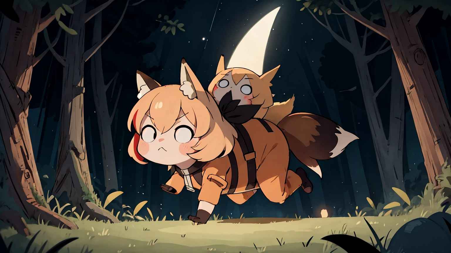 (high quality, best quality, 4k, 2k, (intricate:1.1), (high detail:1.3)), ((forest, village, night)), (official wallpaper, volumetric lighting, dynamic lighting),
1girl, solo, (fox girl, fox ears, fox tail), ((fluffy)), 
celestialskin, dark celestialskin body , void cosmic body, colored skin, flat color, jet black skin, silhouette, 
full body, running, 
