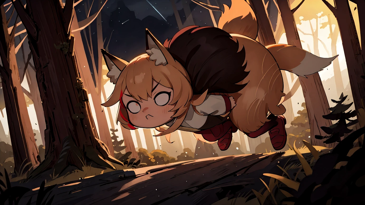 (high quality, best quality, 4k, 2k, (intricate:1.1), (high detail:1.3)), ((forest, village, night)), (official wallpaper, volumetric lighting, dynamic lighting),
1girl, solo, (fox girl, fox ears, fox tail), ((fluffy)), 
celestialskin, dark celestialskin body , void cosmic body, colored skin, flat color, jet black skin, silhouette, 
full body, running, 
