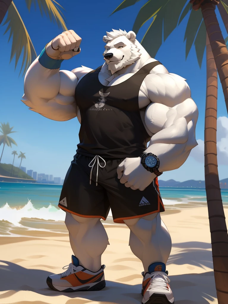 huge muscular polar bear in L.A. beach, big smirk, polar bear, huge white fur, thick arm, huge arm, bearded. white hair and beard, bearded, (muscular, pectoral, wide pectoral, thick arms), beach, palm, realistic, 8k, masterpiece, (wearing black shorts, wristband, watch and white tank top, sports shoes)