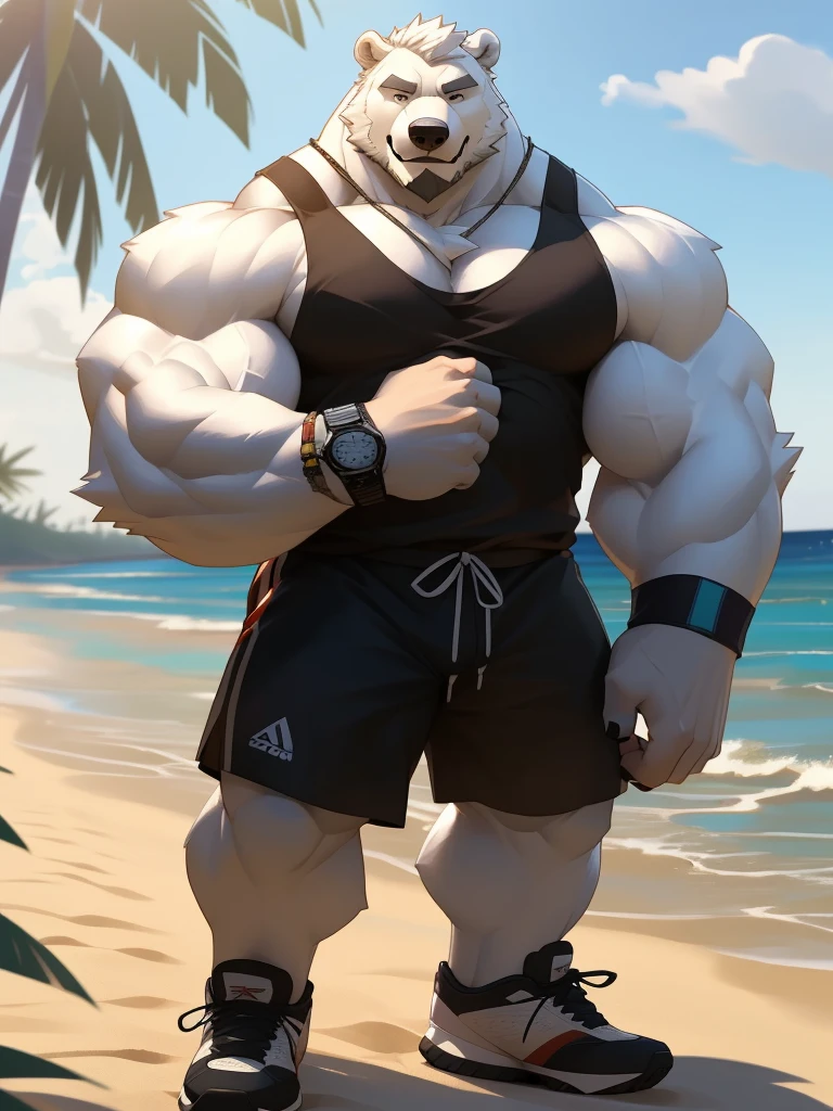 huge muscular polar bear in L.A. beach, big smirk, polar bear, huge white fur, thick arm, huge arm, bearded. white hair and beard, bearded, (muscular, pectoral, wide pectoral, thick arms), beach, palm, realistic, 8k, masterpiece, (wearing black shorts, wristband, watch and white tank top, sports shoes)