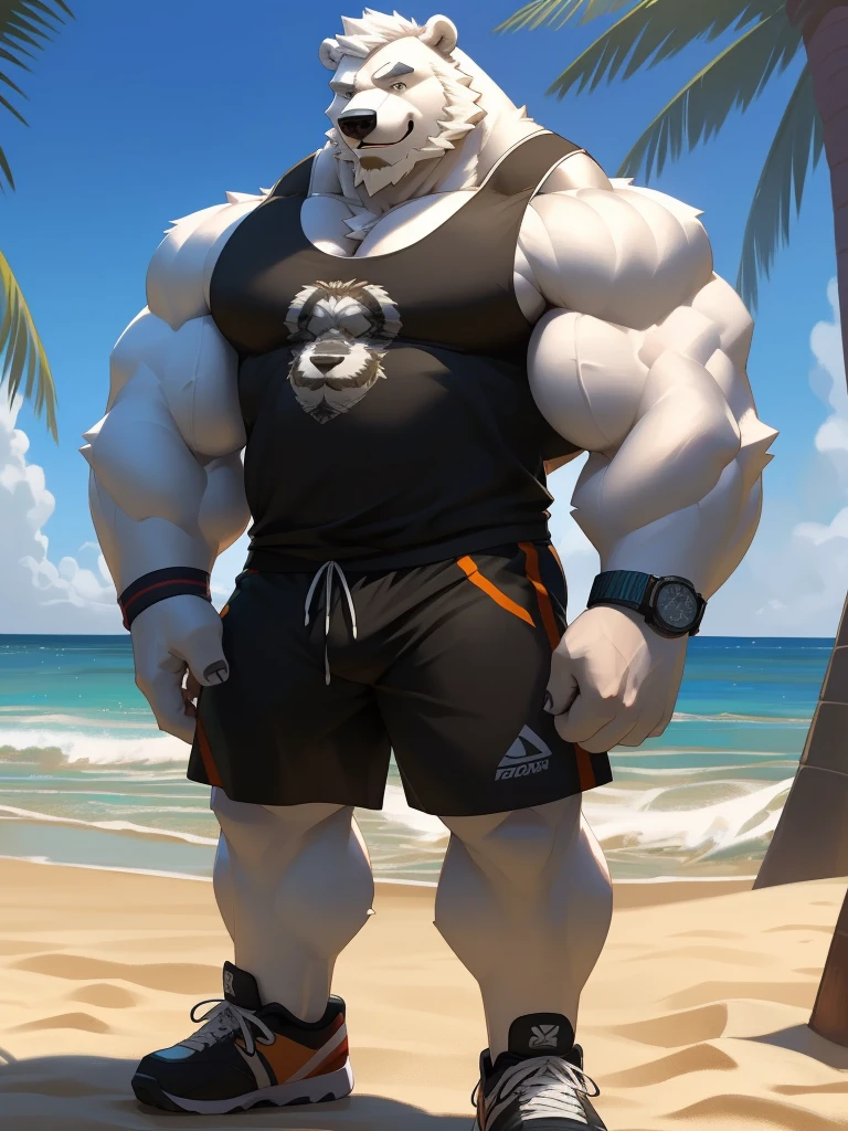huge muscular polar bear in L.A. beach, big smirk, polar bear, huge white fur, thick arm, huge arm, bearded. white hair and beard, bearded, (muscular, pectoral, wide pectoral, thick arms), beach, palm, realistic, 8k, masterpiece, (wearing black shorts, wristband, watch and white tank top, sports shoes)