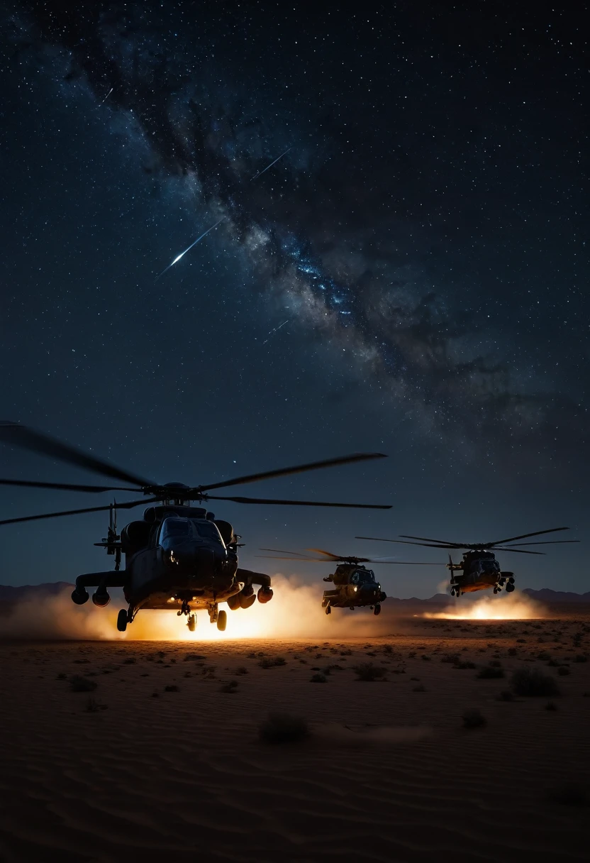 A cinematic realistic image of 5 big U.S military helicopters flying above a desert, very dark night sky at night, 4k, 8k, 16k, Volumetric Lighting, stars in night sky, midnight, galaxy, beautiful