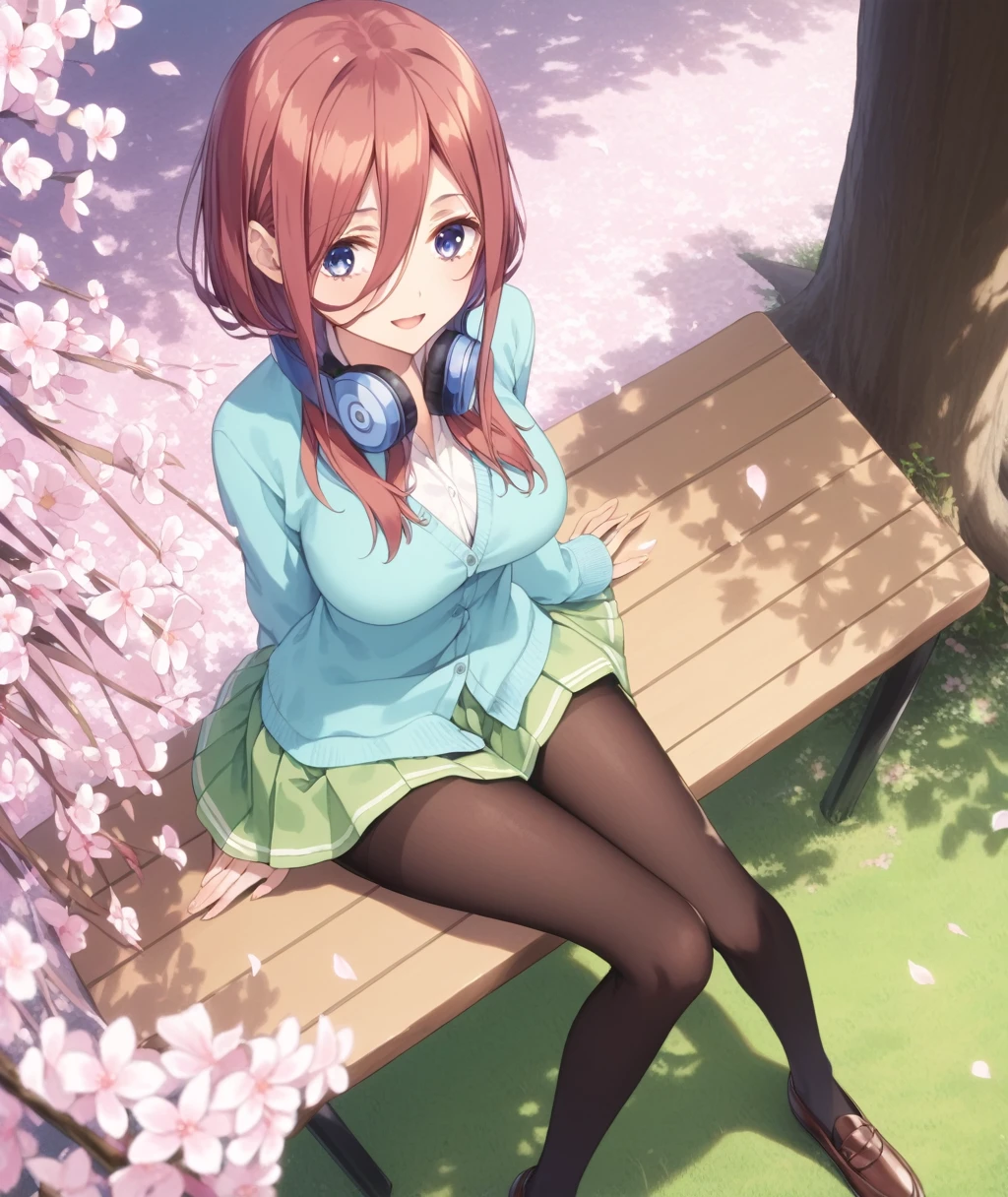 score_9, score_8_up, score_7_up, score_6_up,
uncensored,
1girl, miku nakano, long hair, bangs, blue eyes, brown hair, shirt, hair between eyes, large breasts,
headphones, headphones around neck,
skirt, shirt, long sleeves, white shirt, pantyhose, pleated skirt, black pantyhose, cardigan, green skirt, blue cardigan,
looking at viewer, solo,
dating, picnic, (lunchbox:1.1), seat, on seat,
outdoors, park, on grass, tree, cherry blossoms, Cherry blossom leaves dancing, sunlight filtering through the trees,
sitting, wariza, hand between legs,
(dutch angle), (from above:1.1),
against tree,
smile, open mouth,
masterpiece, best quality,
