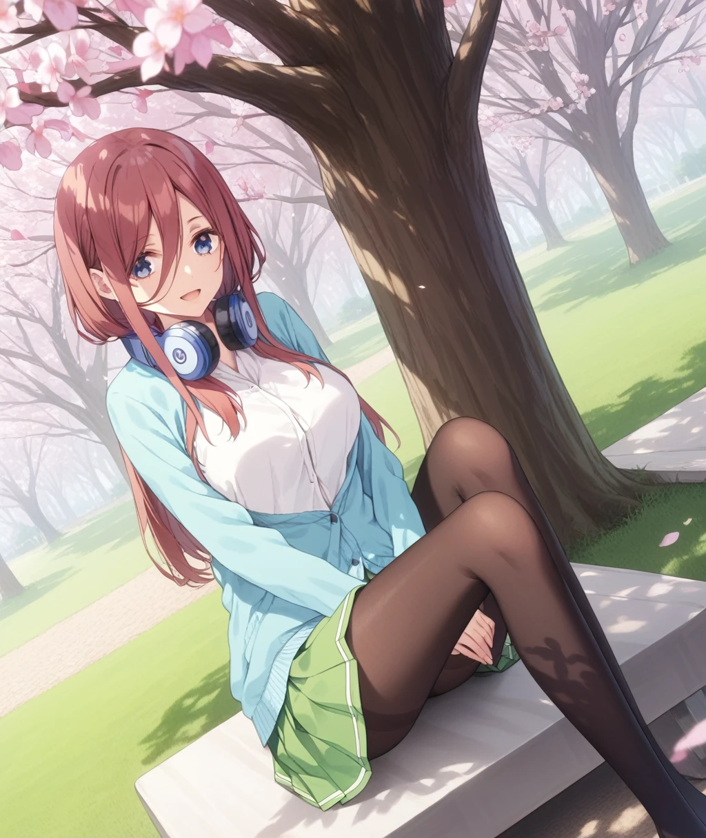 score_9, score_8_up, score_7_up, score_6_up,
uncensored,
1girl, miku nakano, long hair, bangs, blue eyes, brown hair, shirt, hair between eyes, large breasts,
headphones, headphones around neck,
skirt, shirt, long sleeves, white shirt, pantyhose, pleated skirt, black pantyhose, cardigan, green skirt, blue cardigan,
looking at viewer, solo,
dating, picnic, (lunchbox:1.1), seat, on seat,
outdoors, park, on grass, tree, cherry blossoms, Cherry blossom leaves dancing, sunlight filtering through the trees,
sitting, wariza, hand between legs,
(dutch angle), (from above:1.1),
against tree,
smile, open mouth,
masterpiece, best quality,