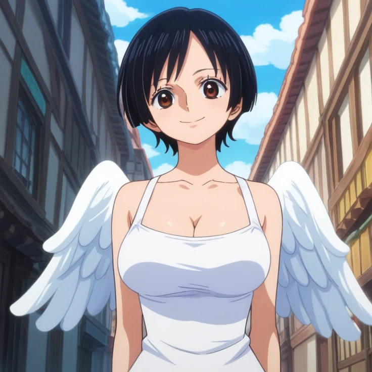 score_9, score_8_up, score_7_up, best quality, masterpiece, source_anime, anime screencap, one_piece_wano_style, clear face, 1girl, solo, black hair, short hair, brown eyes, large breasts, top white, one-piece dress, angel wings, brown mini skirt, clevage, outdoor, smile, looking at viewer, upper body, icon