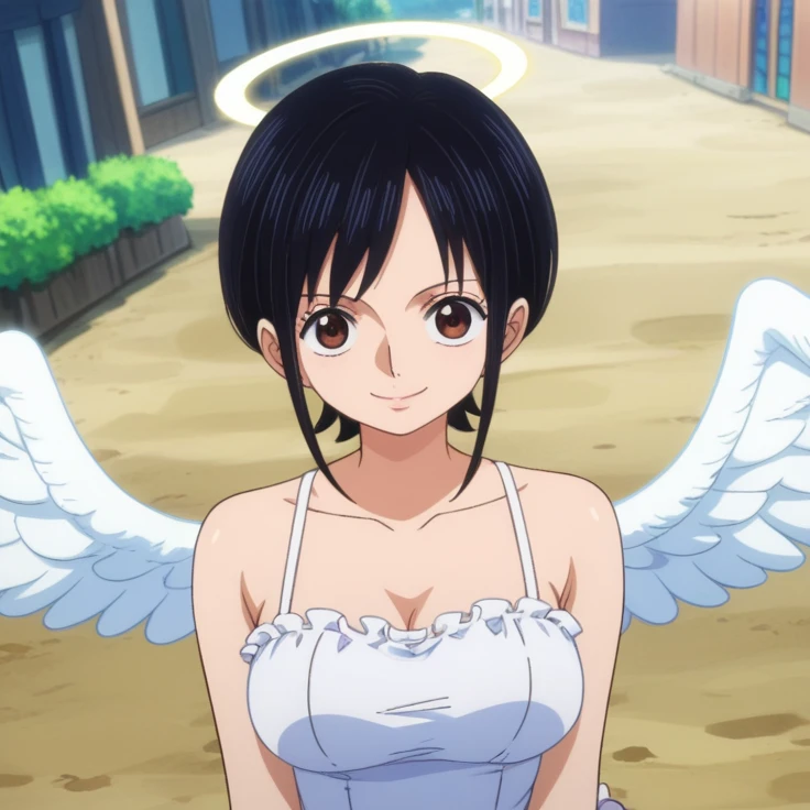 score_9, score_8_up, score_7_up, best quality, masterpiece, source_anime, anime screencap, one_piece_wano_style, clear face, 1girl, solo, black hair, short hair, brown eyes, large breasts, top white, one-piece dress, angel wings, brown mini skirt, clevage, outdoor, smile, looking at viewer, upper body, icon