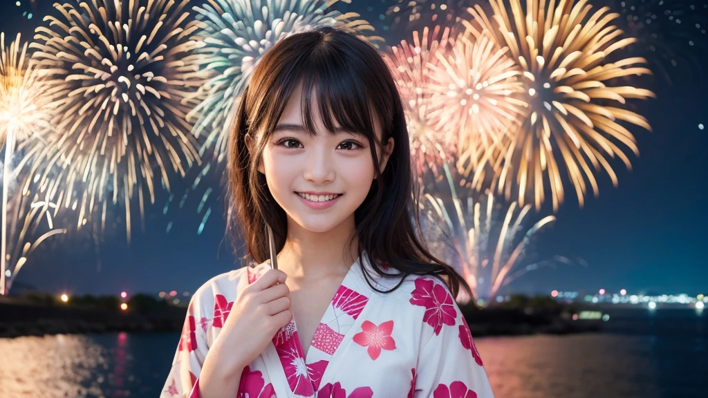 kawaii face, (1girl), (happy smile:1.2), (yukata), (Best Quality:1.4), Realistic, extremely detailed CG unified 8k wallpaper, highly detailed, High-definition raw color photos, professional photography, Realistic portrait, Beautiful detailed, Close up portrait of girl, Outdoors, Beautiful scenery, beach, (The night sky, fireworks, beautiful fireworks spreading across the sky:1.4), so beautiful, upper body photos, amazingly beautiful sight, A wonderful, (Fine face:1.2),