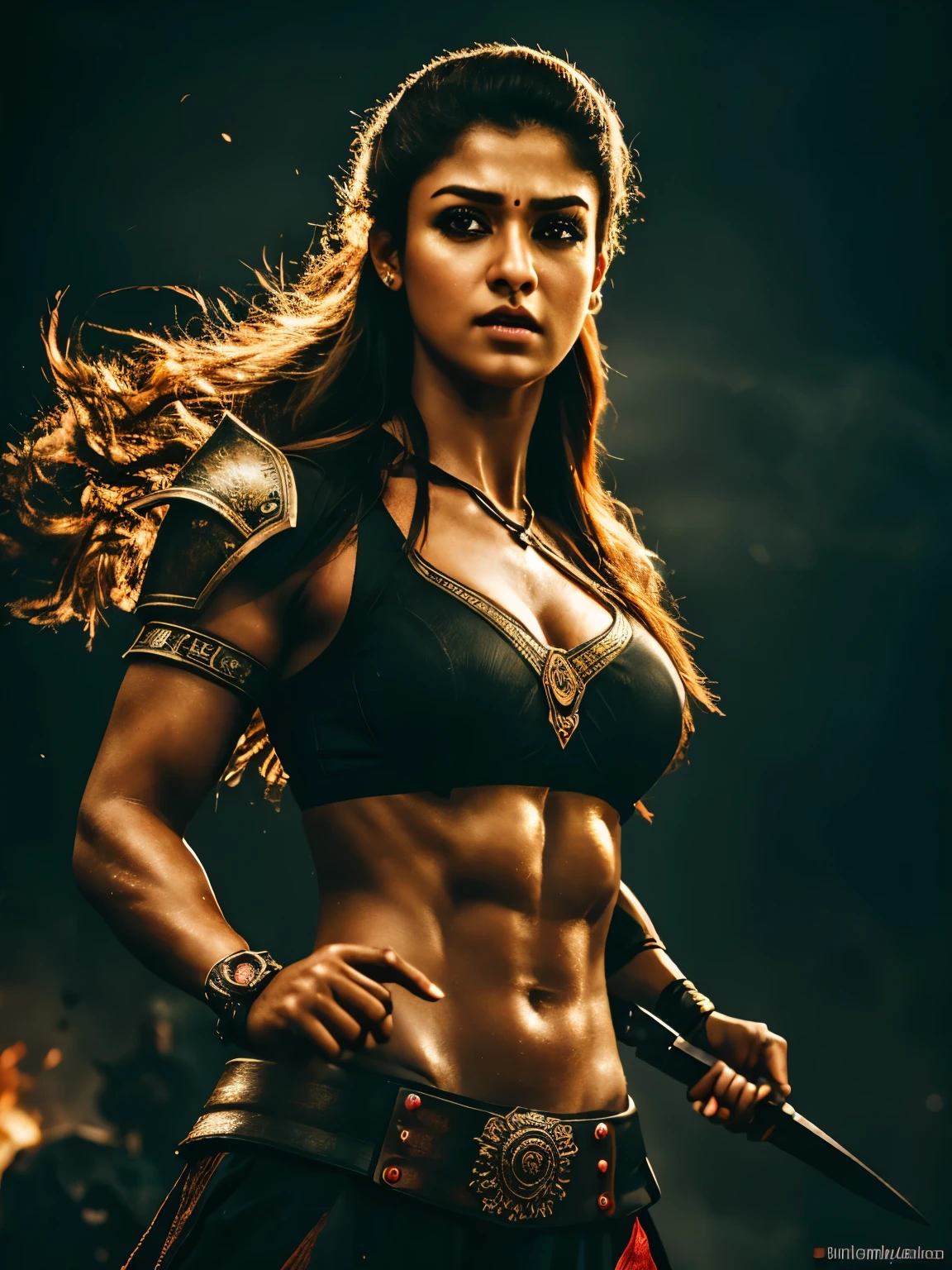 (best quality,4k,8k,highres,masterpiece:1.2),ultra-detailed,(realistic,photorealistic,photo-realistic:1.37),sword-wielding,ferocious,brave warrior,girl with a brave and determined expression,actress Nayanthara,detailed facial features,expressive eyes,sharp nose,fierce eyes,beautiful face,flowing hair,fine clothing and armor, round deep navel,powerful stance,confident posture,misty background,hint of smoke,fierce battle scene,warrior in action,heroic aura,gritty texture,strong contrast,vivid colors,highlights and shadows,stark contrast between light and dark,moody feel,mysterious lighting,dramatic composition,splashes of red and black,dynamic movement,strong presence,unforgettable,portrait of resilience and strength.