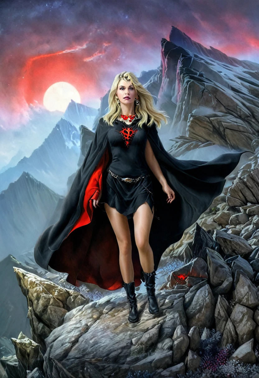 π×(9+2+3)^(2)+1123369853, a beautiful woman is walking trough a rocky mountains scenario. She is dressed in black and scarlet. She is blonde and has((demonic eyes)),((dark energy aura)),three quarter wiew, fractal,((deep wiew)),((changing perspectives)), warped space background, rocky mountains scenario,photographic,ultra high resolution,hyperdetailed, masterpiece, 3d modelling, abstract art.