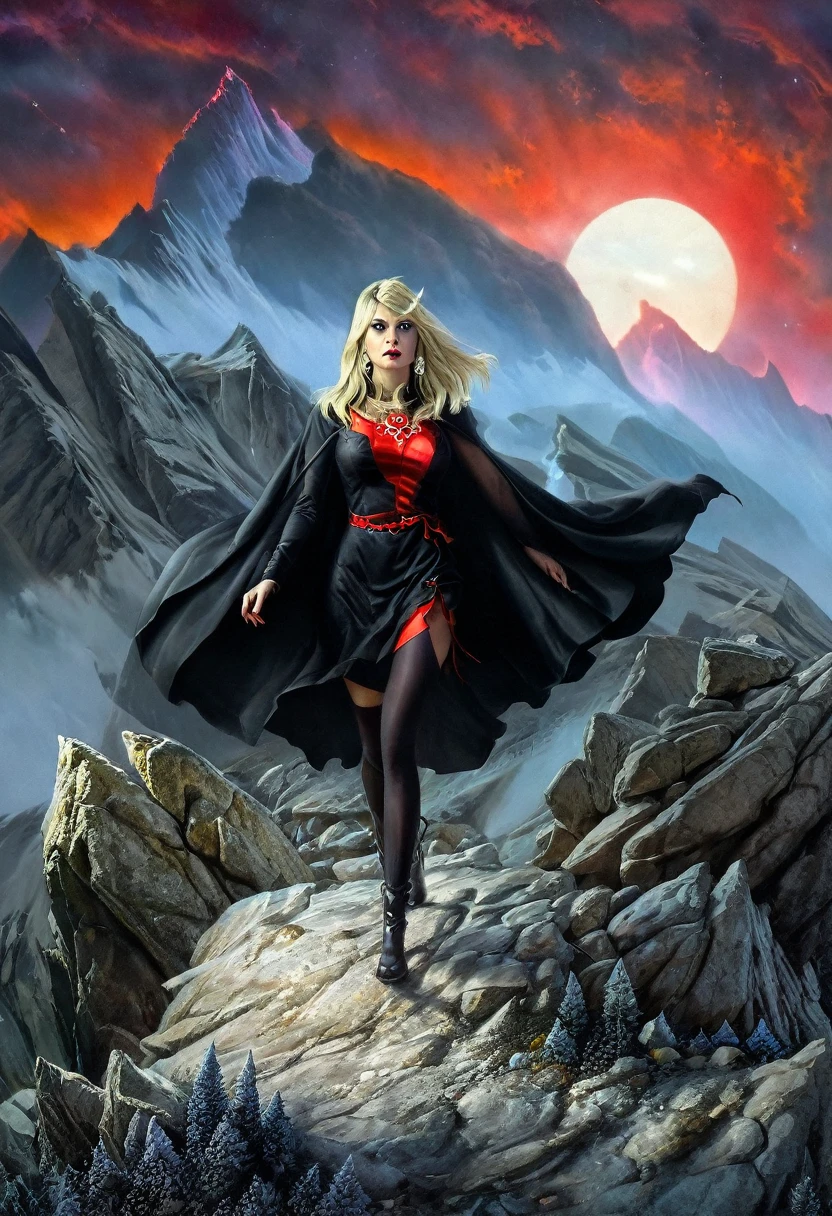 π×(9+2+3)^(2)+1123369853, a beautiful woman is walking trough a rocky mountains scenario. She is dressed in black and scarlet. She is blonde and has((demonic eyes)),((dark energy aura)),three quarter wiew, fractal,((deep wiew)),((changing perspectives)), warped space background, rocky mountains scenario,photographic,ultra high resolution,hyperdetailed, masterpiece, 3d modelling, abstract art.