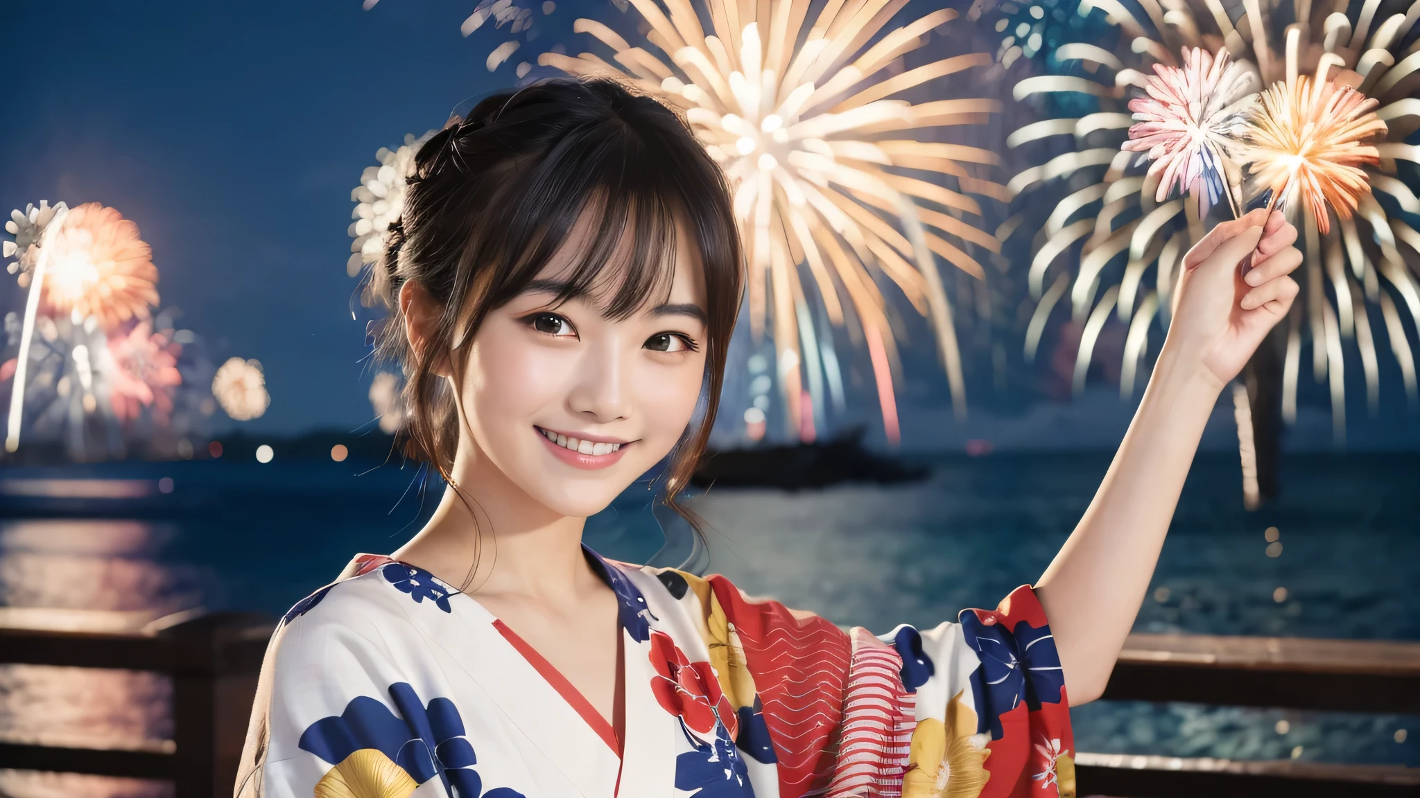 kawaii face, (1girl), (happy smile:1.2), (yukata), (Best Quality:1.4), Realistic, extremely detailed CG unified 8k wallpaper, highly detailed, High-definition raw color photos, professional photography, Realistic portrait, Beautiful detailed, Close up portrait of girl, Outdoors, Beautiful scenery, beach, (The night sky, fireworks, beautiful fireworks spreading across the sky:1.4), so beautiful, upper body photos, amazingly beautiful sight, A wonderful, (Fine face:1.2),