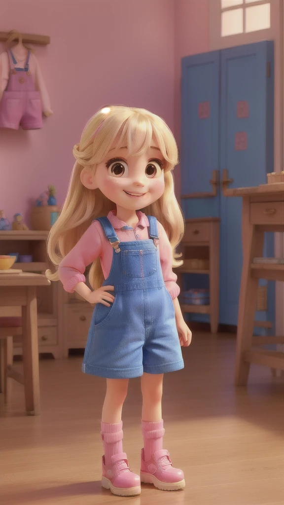 Araffe standing on a wooden platform in a pink dress and blue shoes, Wearing overalls, Four , 4 anos, cute , 2 years old overalls sujo,  looking, looking very silly, photo of the girl, super cute and friendly, looking cute, she has a cute expressive face, smiling lightly, disney, pixar, blonde hair, long hair