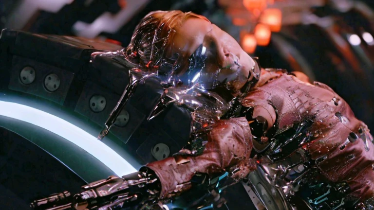 Blonde woman in leather jacket lying on a table with a glass of wine, Kristanna Loken, Natalie Portman and Star Trek, Movie still of a cyborg., Movie still of a cyborg alienígena., Movie still of a cyborg genial., iconic shot, science fiction movie frame, in a science fiction movie, MATRIX PHOTOGRAPHY (1999), shot in the face