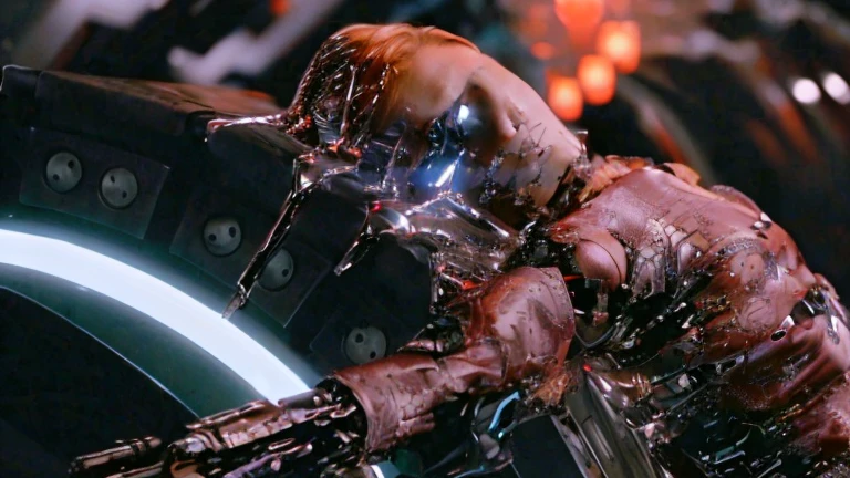 Blonde woman in leather jacket lying on a table with a glass of wine, Kristanna Loken, Natalie Portman and Star Trek, Movie still of a cyborg., Movie still of a cyborg alienígena., Movie still of a cyborg genial., iconic shot, science fiction movie frame, in a science fiction movie, MATRIX PHOTOGRAPHY (1999), shot in the face