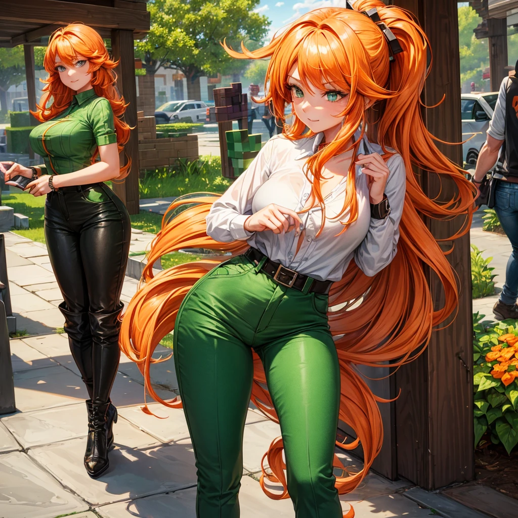 She's a girl from Minecraft. She has orange hair and wears a green outfit. Her pants are brown. Make her look sexy.
