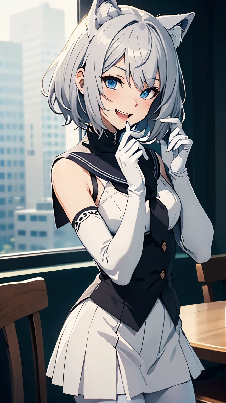 Tabletop　High resolution　Best image quality　8k　 Adult female　Anime Style　White long gloves（Elbow Gloves）　White Sailor Suit（Sleeveless）（simple）　White pantyhose　White wolf ears　short hair（（Shortcuts）（Gray Hair）（Perm）（fluffy））　blue eyes　Attractive face（（Laughter）（smile）（Open your mouth））　