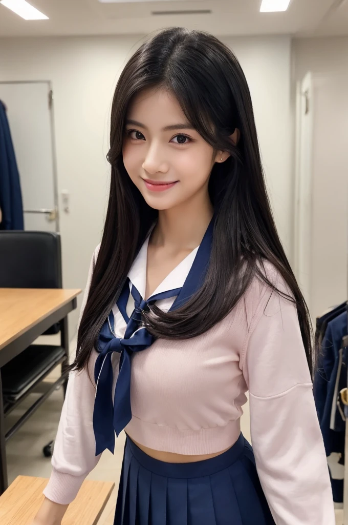 uniform、White Sailor Suit、Navy blue pleated skirt、Drama club room, high school senior, drama club president, ((full body)), ((photo)), ((best qualtiy, 8k, tmasterpiece:1.3)), Focus:1.2, perfect figure beautiful girl:1.4, 1girl, cowboy shot, look at viewer, eyes facing the camera, incredibly absurd, beautiful and cute girl with a photorealistic face, showcasing top-quality craftsmanship, A Japanese girl preparing for club activities in the drama club room, , long, straight, silky black hair, fair skin, big eyes, thin eyebrows, double eyelids, long eyelashes, pink lips, smile, devilish smile, gorgeous features, well-defined facial features, beautiful face line, mysterious beauty, Slender, tall, well-balanced proportions, large E-cup breasts, navy blue sailor uniform, favorite silver accessories, well-groomed nails, pretty girl, beauty, devilish type, pretty older sister, passionate about art, sociable, friendly, positive, has leadership skills, is proactive, is flexible, gets things done efficiently, works hard towards dreams and goals, May